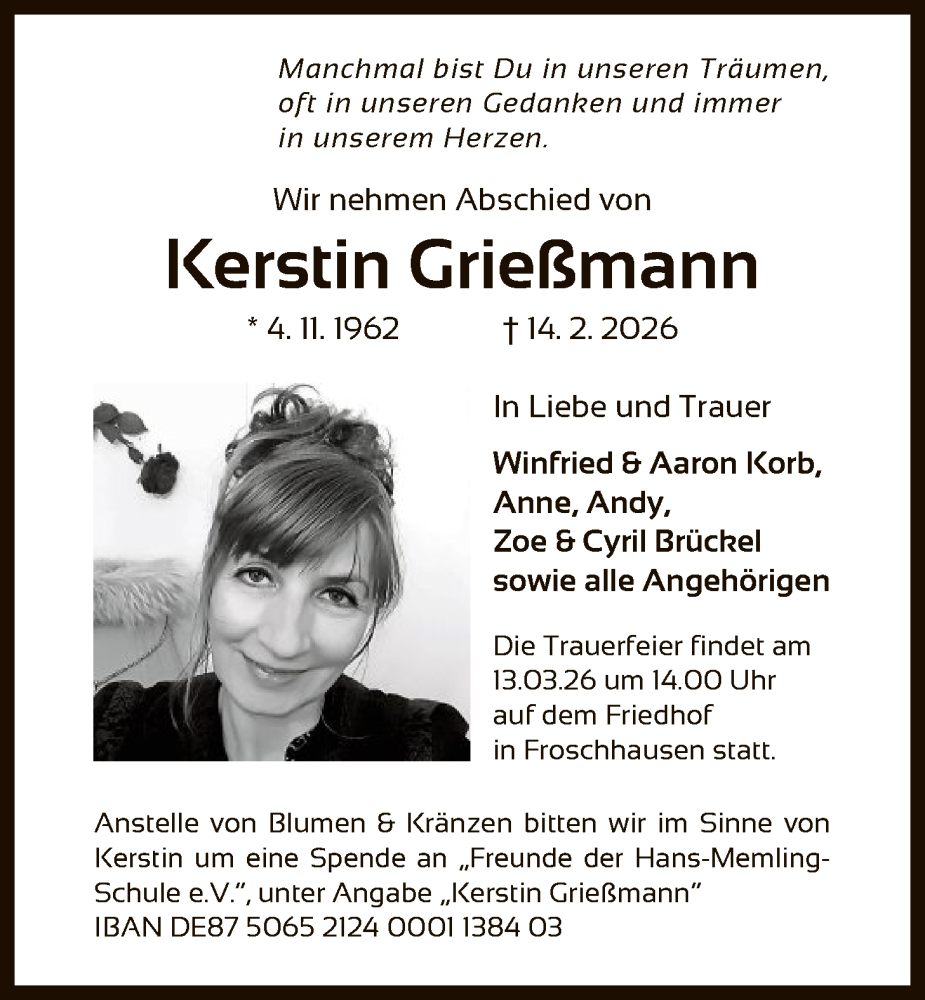  Traueranzeige für Kerstin Grießmann vom 28.02.2026 aus OF0L