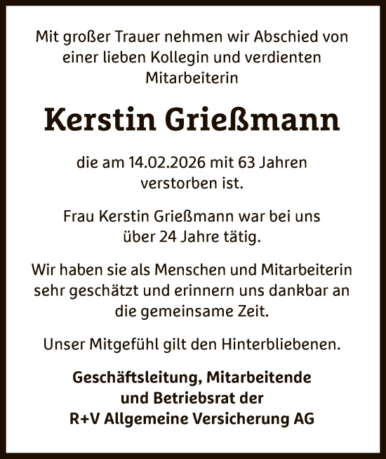 Traueranzeige von Kerstin Grießmann von OF0L