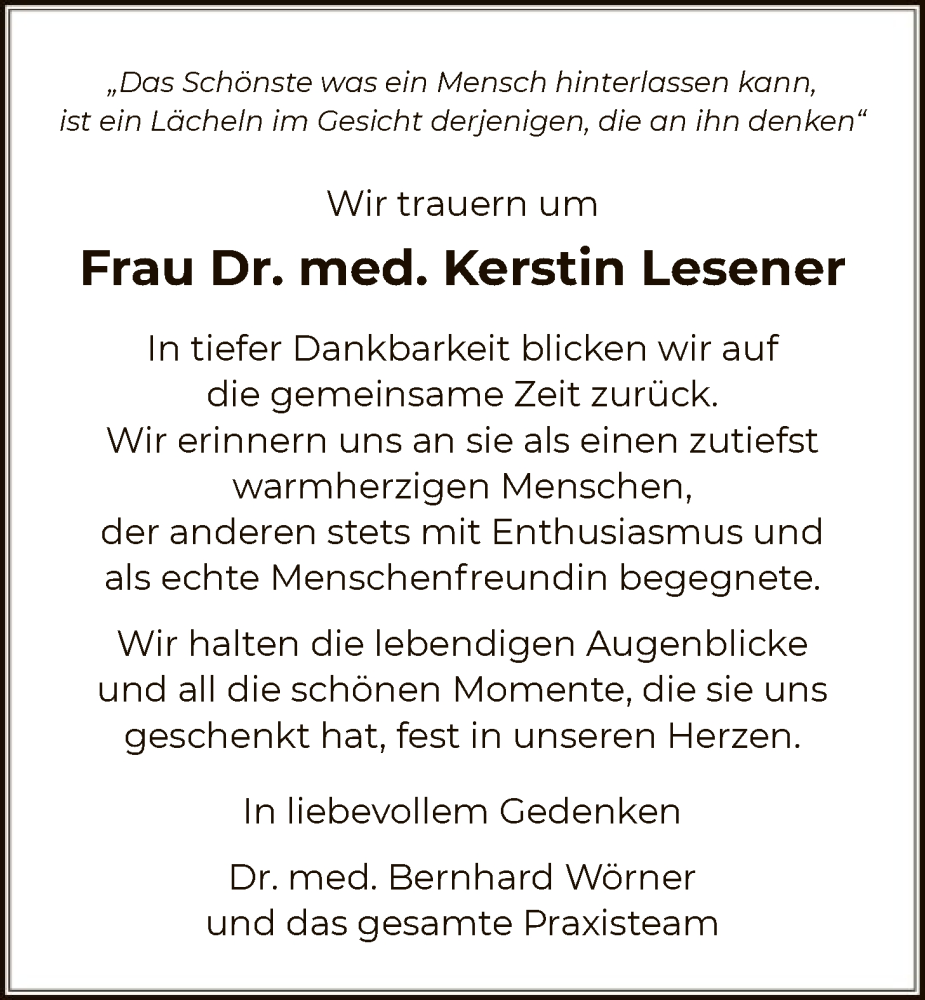  Traueranzeige für Kerstin Lesener vom 14.02.2026 aus OFHA
