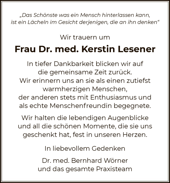 Traueranzeige von Kerstin Lesener von OFHA