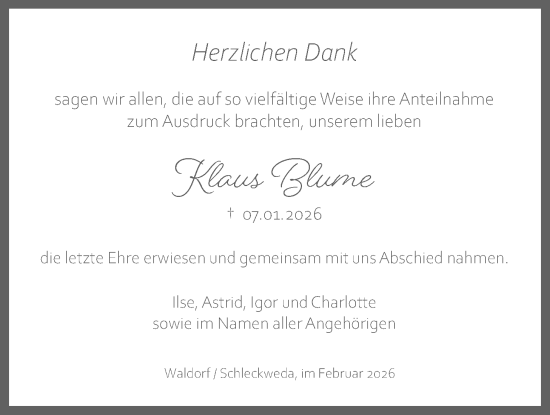 Traueranzeige von Klaus Blume von OFMF