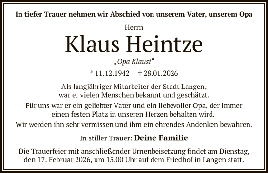 Traueranzeige von Klaus Heintze von OF0W
