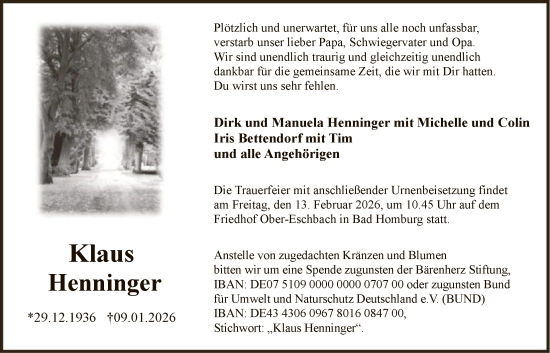 Traueranzeige von Klaus Henninger von FNP