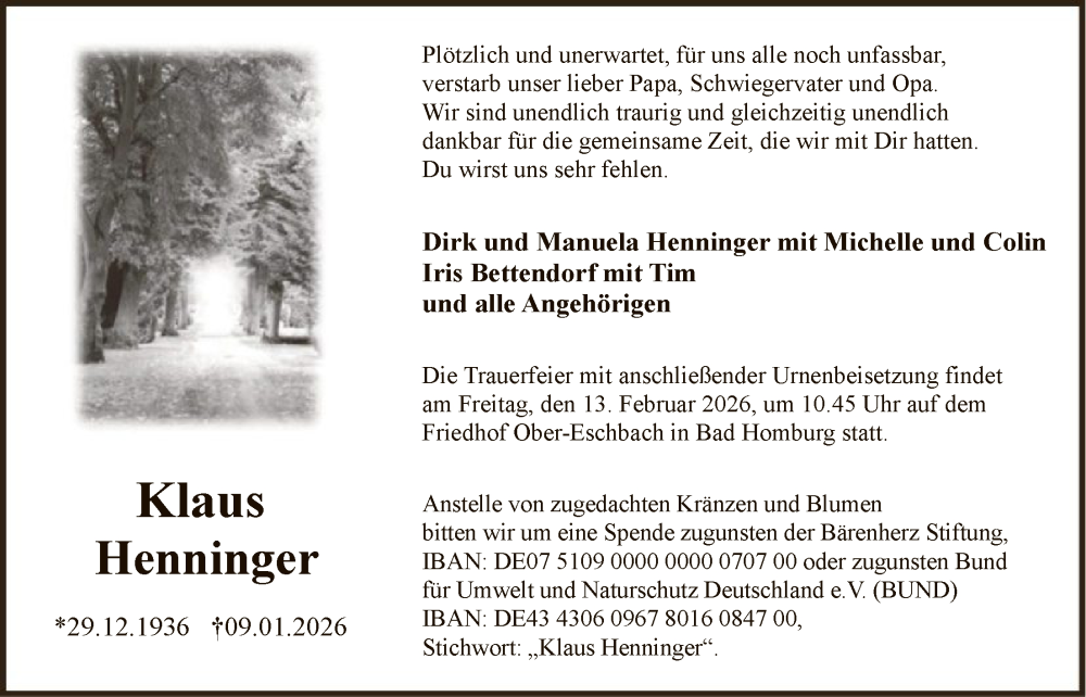  Traueranzeige für Klaus Henninger vom 07.02.2026 aus FNP