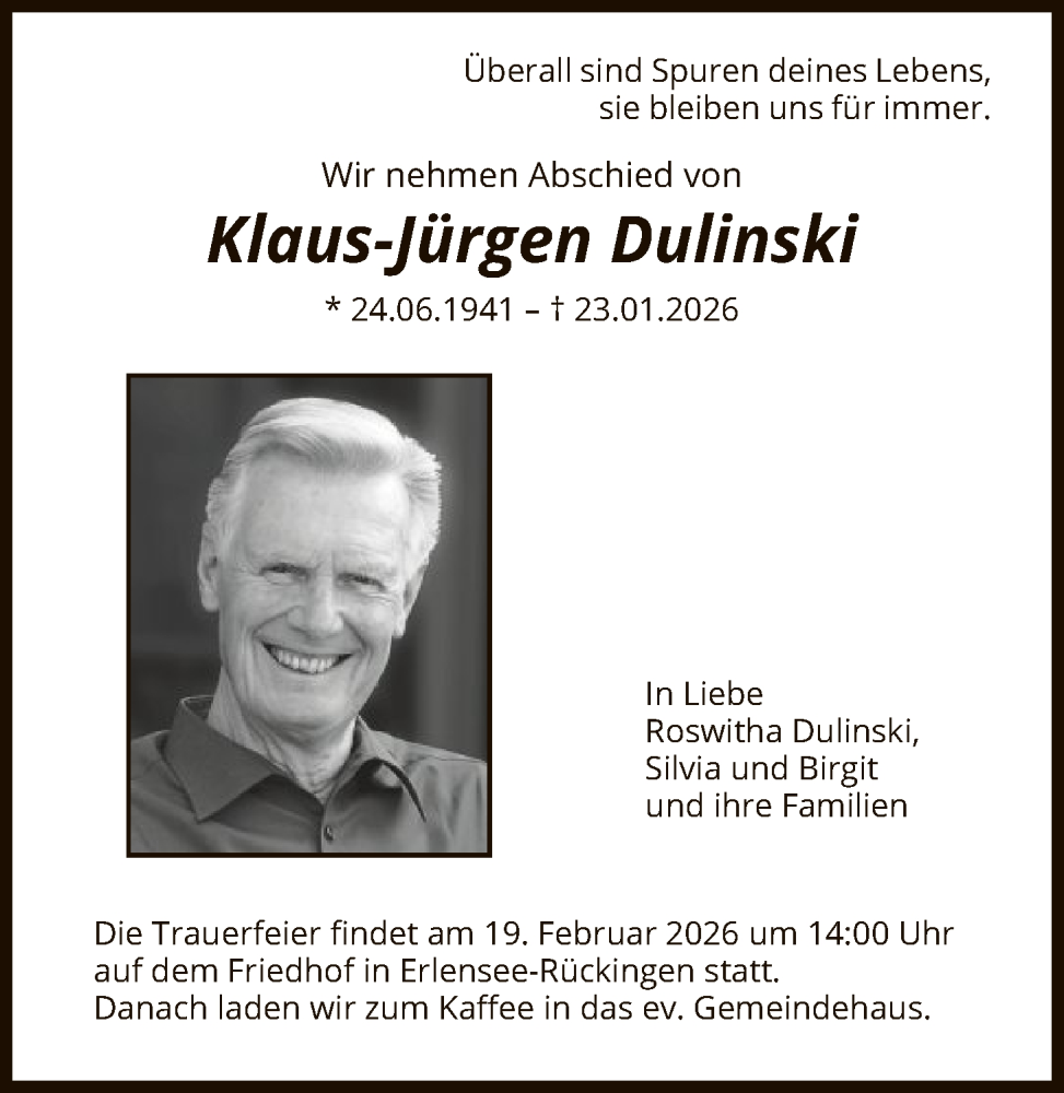  Traueranzeige für Klaus-Jürgen Dulinski vom 14.02.2026 aus OFHA