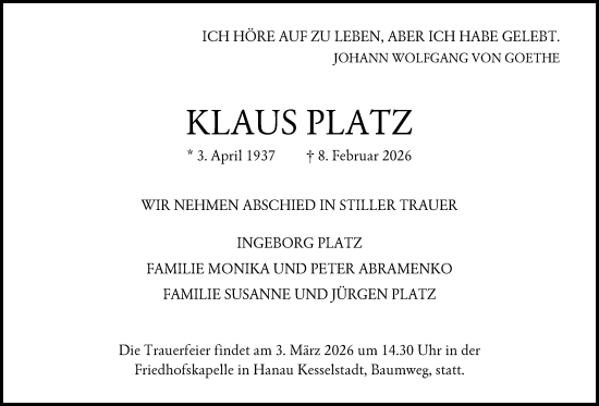 Traueranzeige von Klaus Platz von OFHA