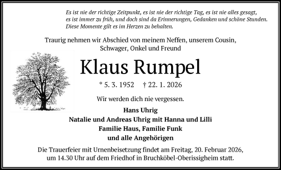 Traueranzeige von Klaus Rumpel von OFHA