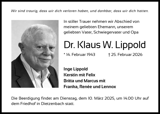Traueranzeige von Klaus W. Lippold von OFOP