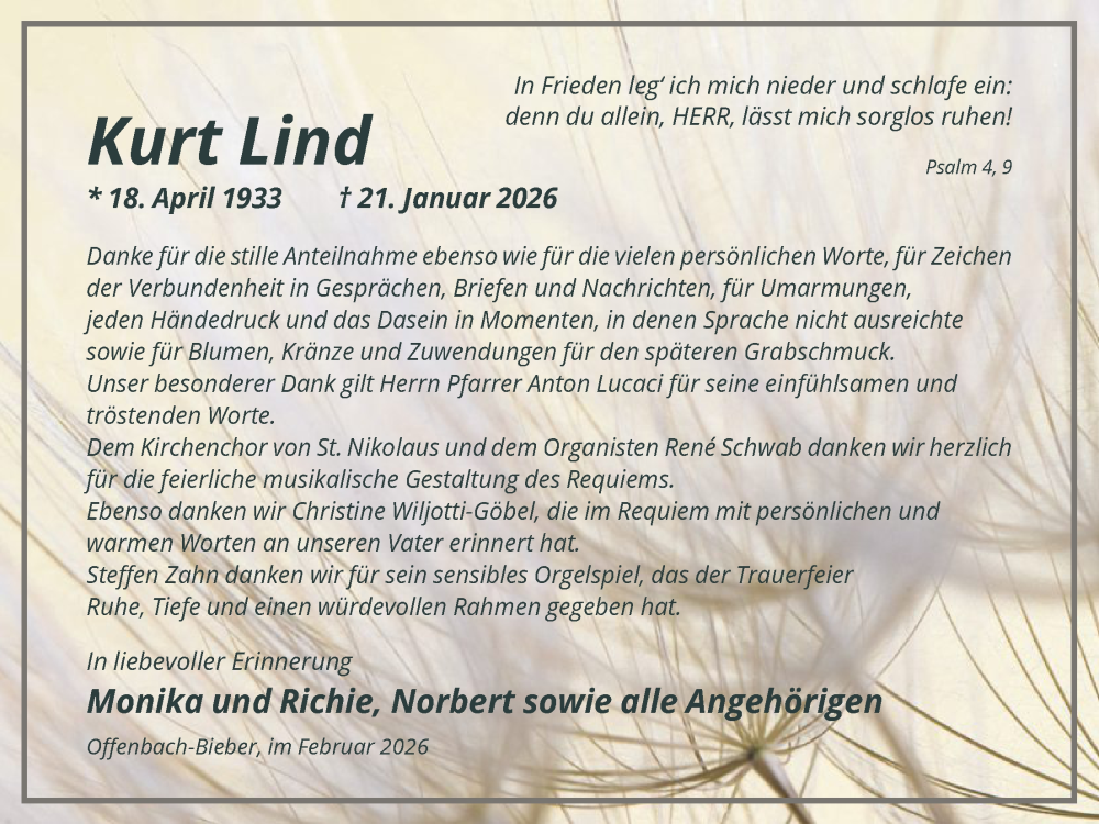  Traueranzeige für Kurt Lind vom 21.02.2026 aus OFOP