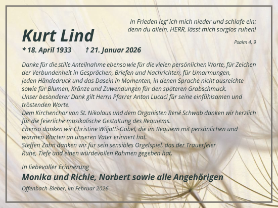 Traueranzeige von Kurt Lind von OFOP