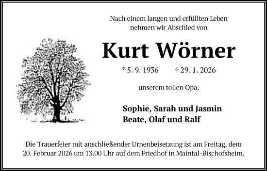 Traueranzeige von Kurt Wörner von OFHA