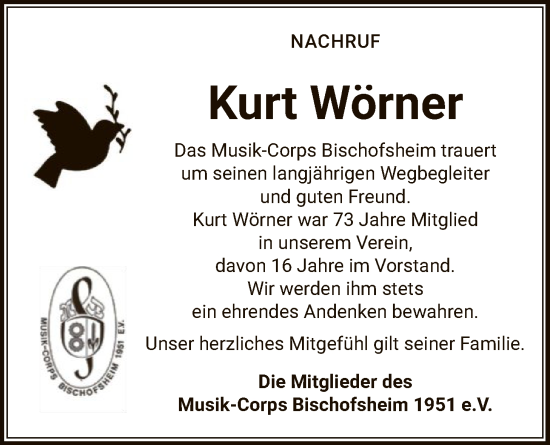 Traueranzeige von Kurt Wörner von OFHA