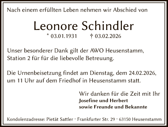 Traueranzeige von Leonore Schindler von OF0T