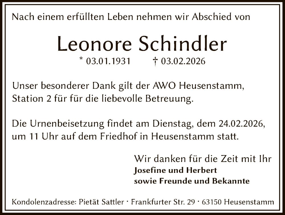  Traueranzeige für Leonore Schindler vom 14.02.2026 aus OF0T