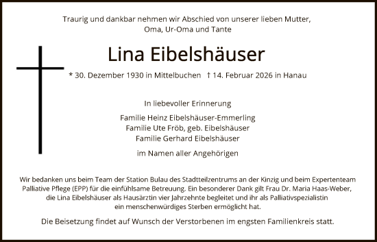 Traueranzeige von Lina Eibelshäuser von OFHA