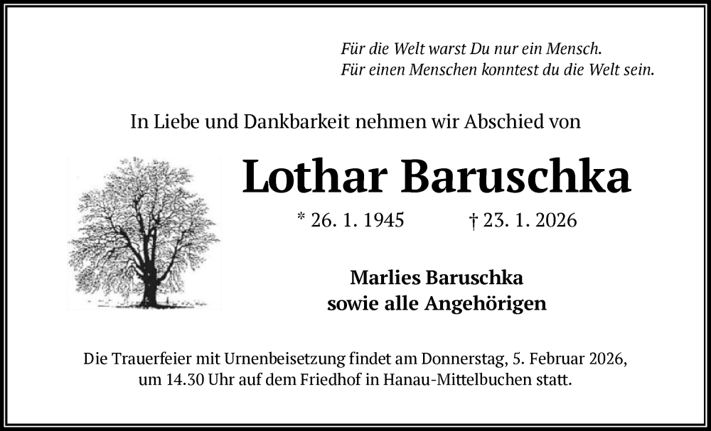  Traueranzeige für Lothar Baruschka vom 03.02.2026 aus OFHA
