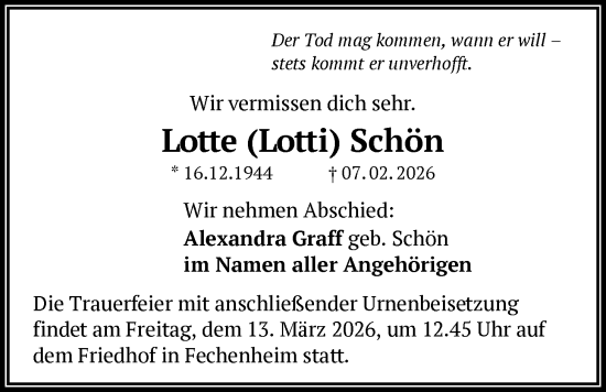 Traueranzeige von Lotte Schön von BOWO