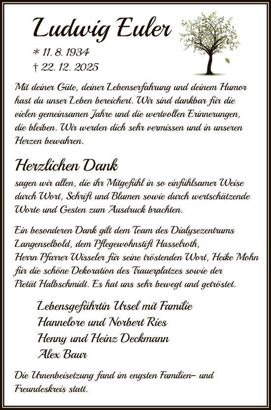 Traueranzeige von Ludwig Euler von OFHA