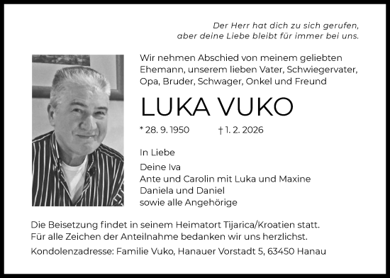 Traueranzeige von Luka Vuko von OFHA