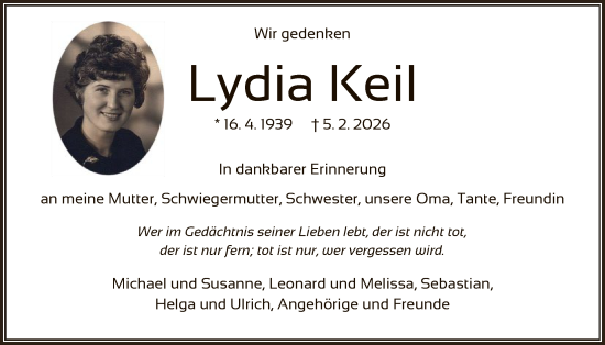 Traueranzeige von Lydia Keil von OFHA