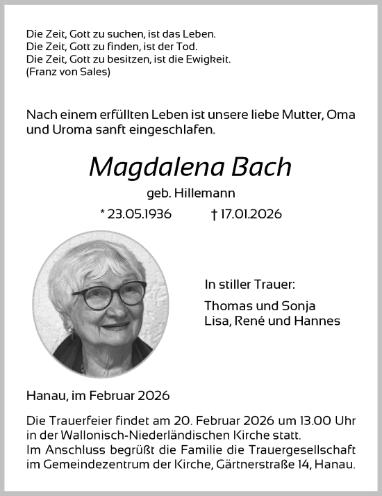 Traueranzeige von Magdalena Bach von OFHA