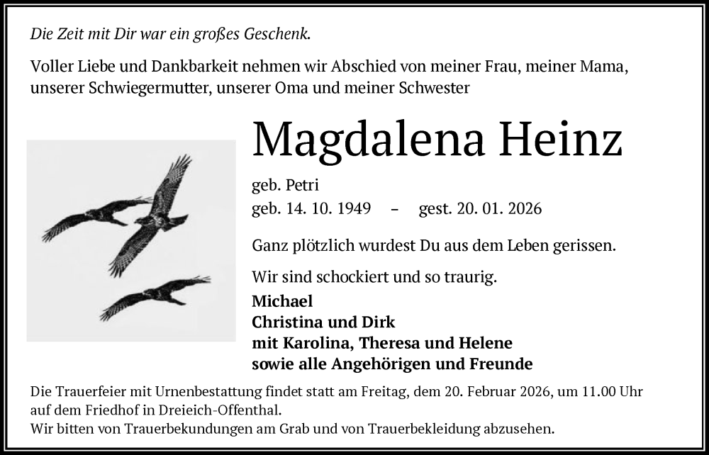  Traueranzeige für Magdalena Heinz vom 14.02.2026 aus OF0W