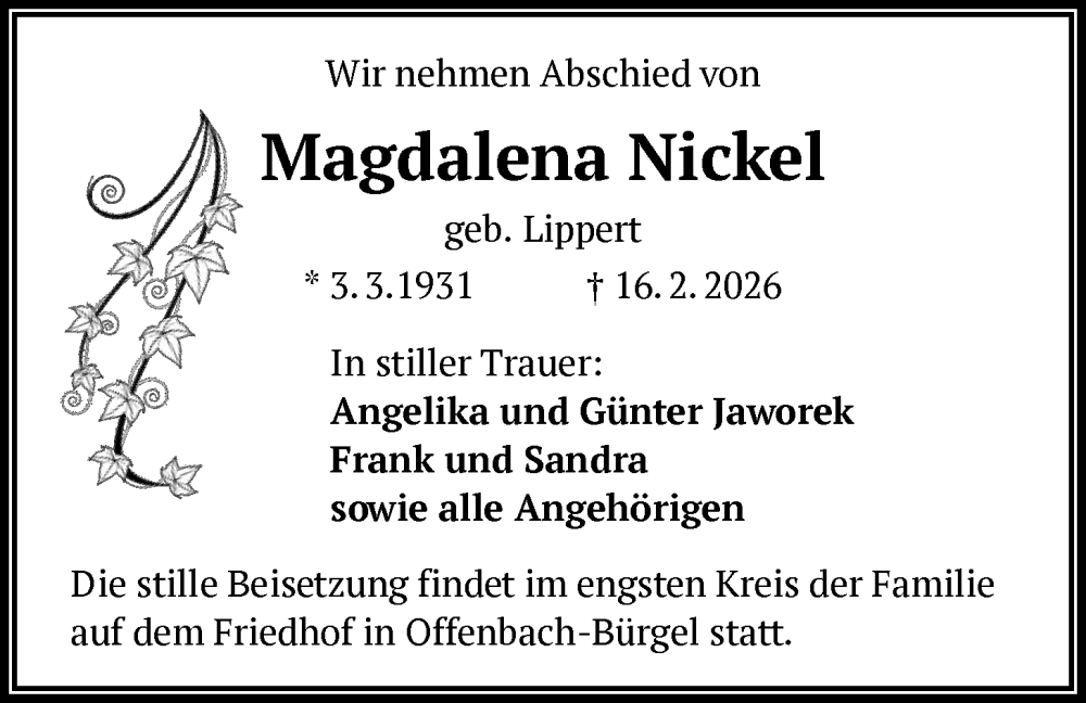  Traueranzeige für Magdalena Nickel vom 28.02.2026 aus OFOP