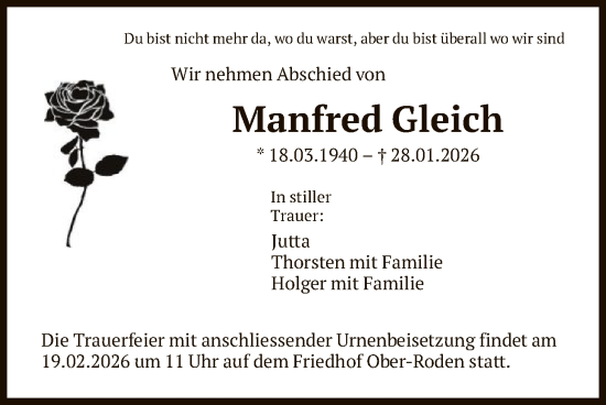 Traueranzeige von Manfred Gleich von OFOP