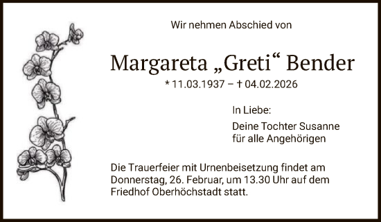 Traueranzeige von Margareta Bender von FNP