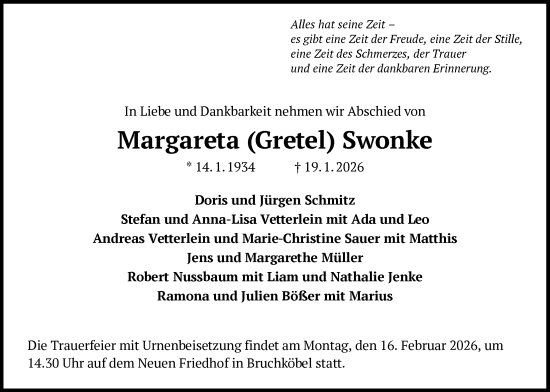 Traueranzeige von Margareta Swonke von HUW