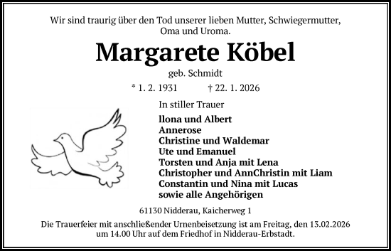 Traueranzeige von Margarete Köbel von HUW