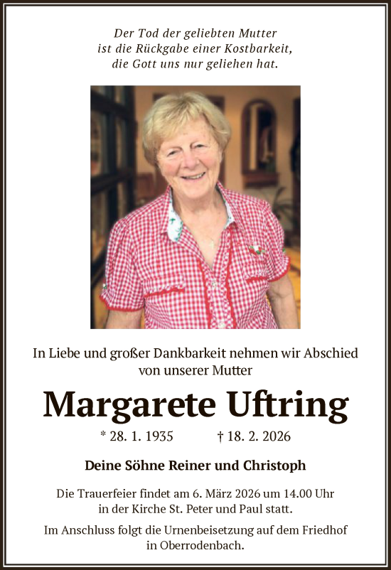 Traueranzeige von Margarete Uftring von OFHA