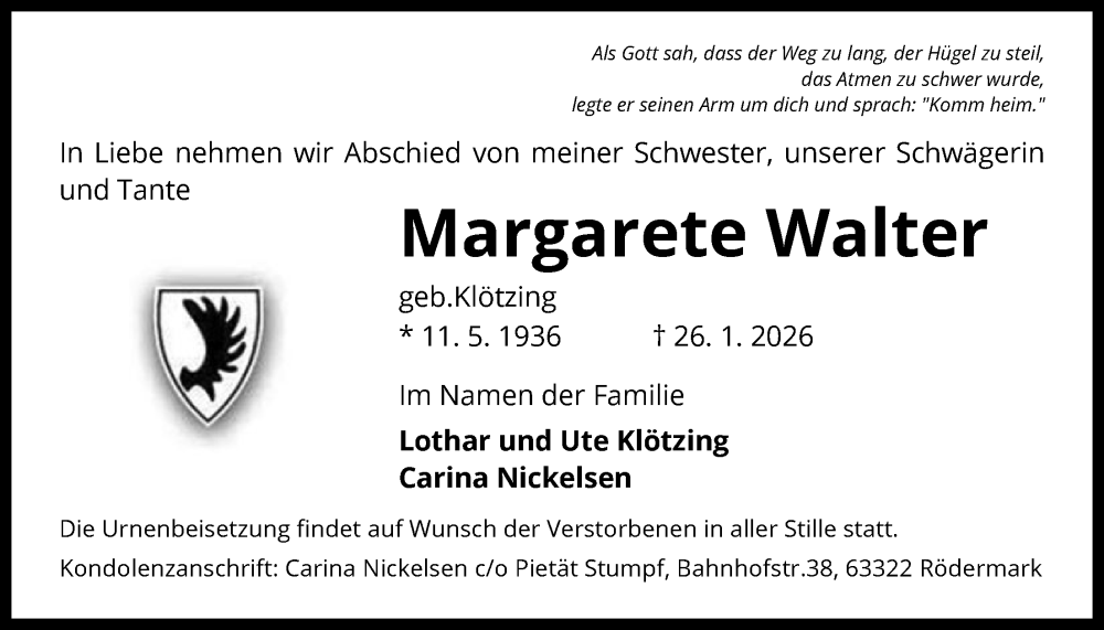  Traueranzeige für Margarete Walter vom 07.02.2026 aus OF0L