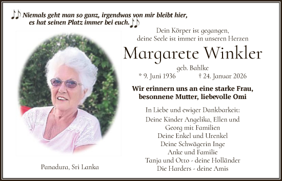 Traueranzeige von Margarete Winkler von OF0L