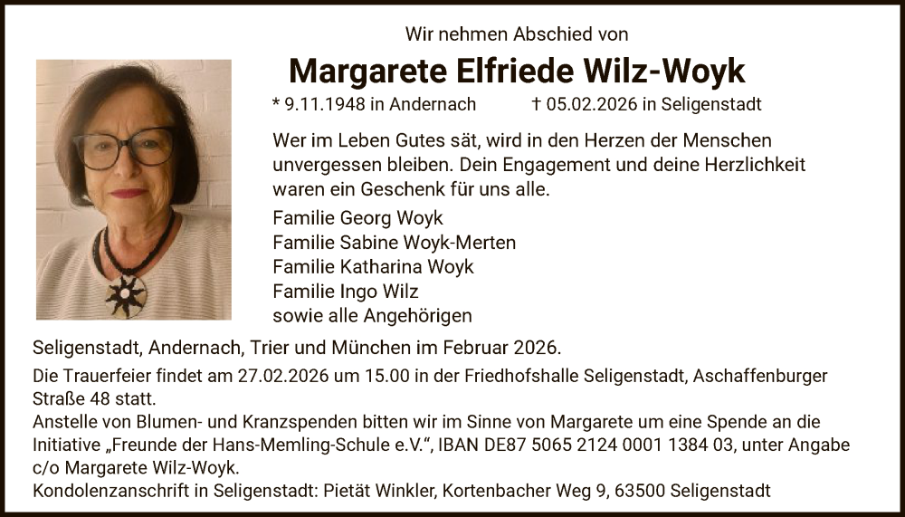  Traueranzeige für Margarete Elfriede Wilz-Woyk vom 21.02.2026 aus OF0L