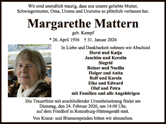 Traueranzeige von Margarethe Mattern von OFHA