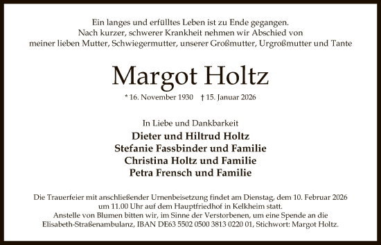Traueranzeige von Margot Holtz von FNP