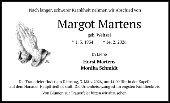 Traueranzeige von Margot Martens von OFHA
