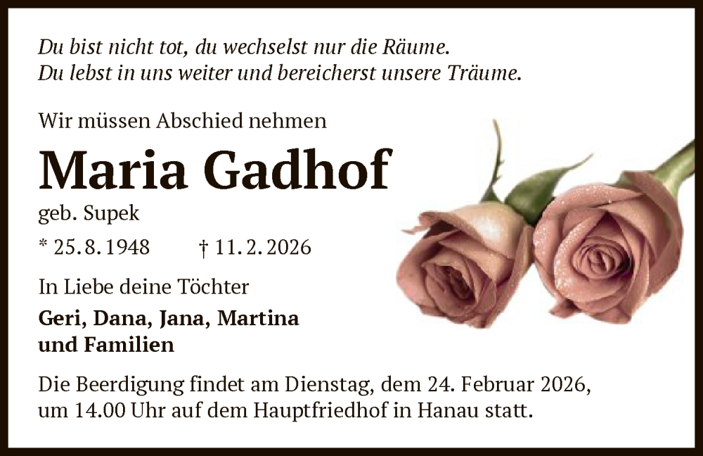  Traueranzeige für Maria Gadhof vom 21.02.2026 aus OFHA