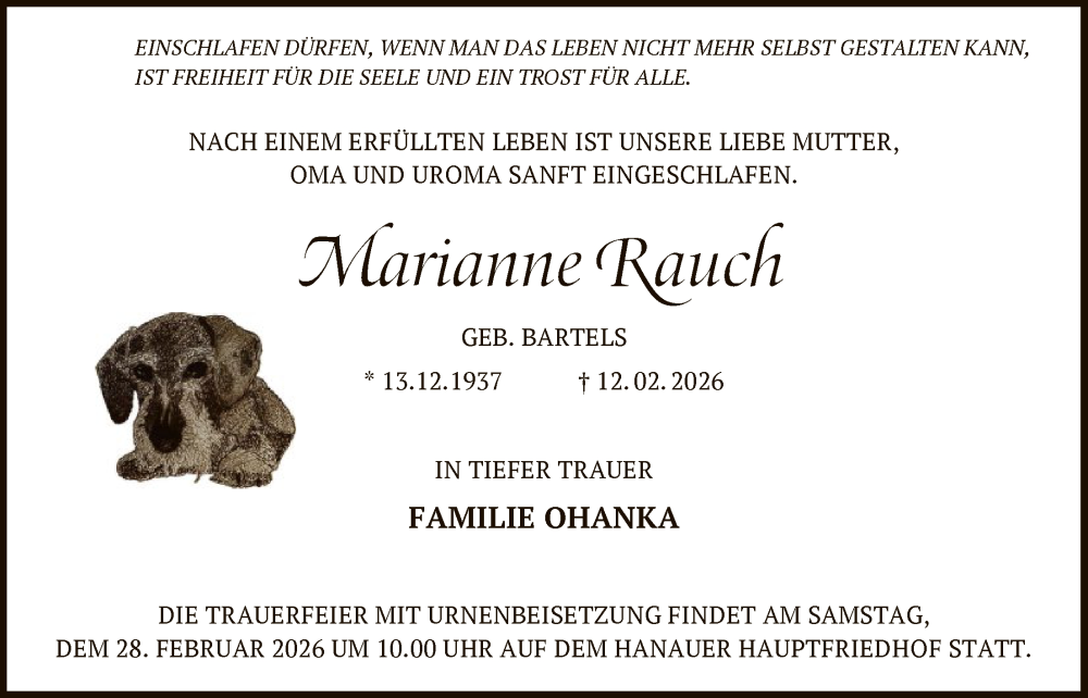  Traueranzeige für Marianne Rauch vom 21.02.2026 aus OFHA