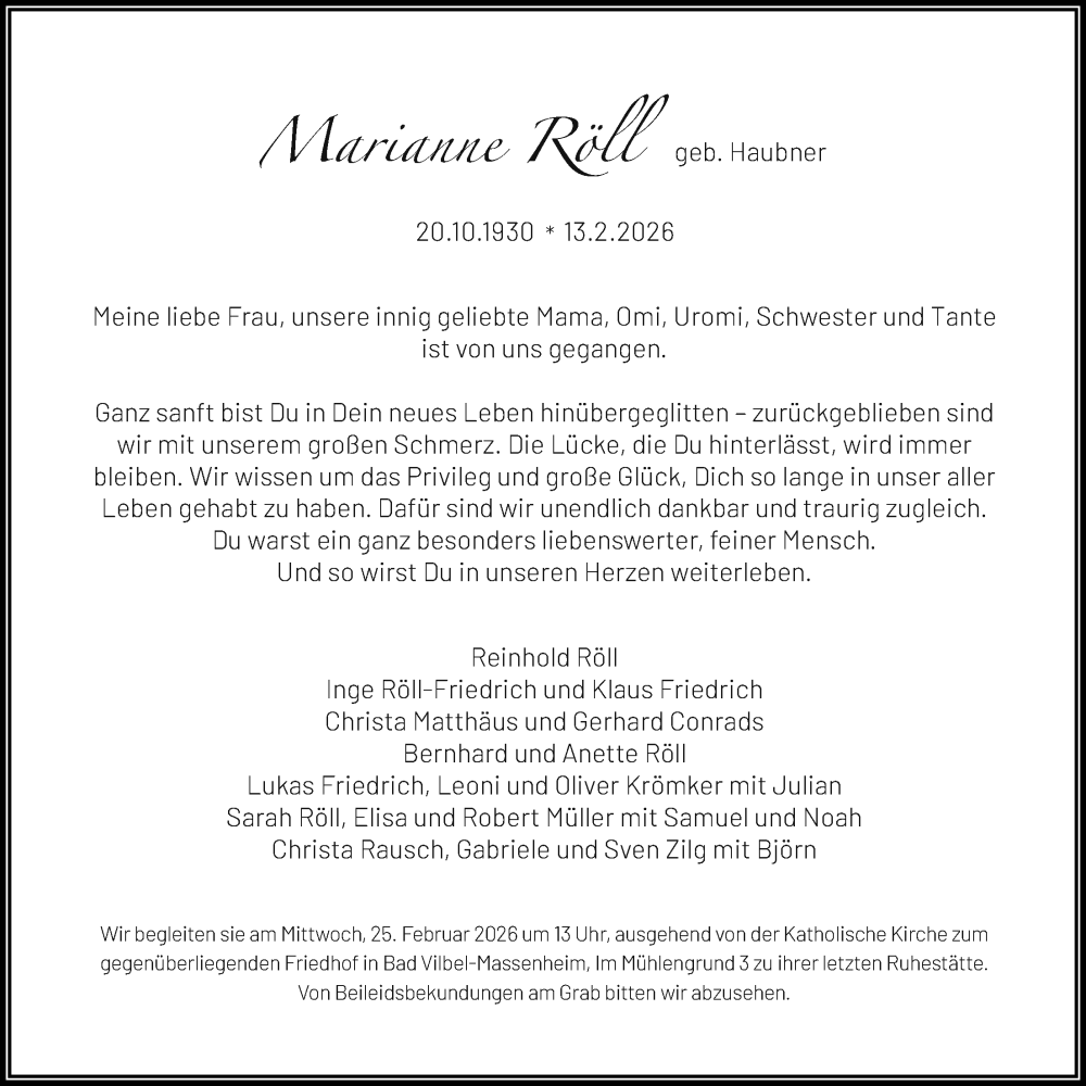  Traueranzeige für Marianne Röll vom 19.02.2026 aus FNP