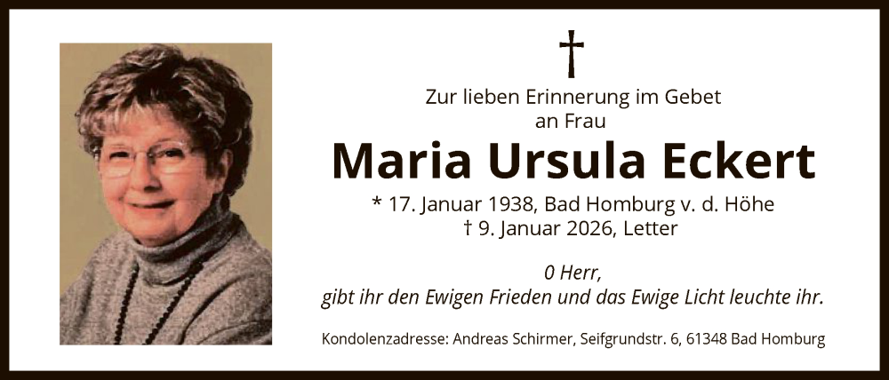  Traueranzeige für Maria Ursula Eckert vom 14.02.2026 aus FNP