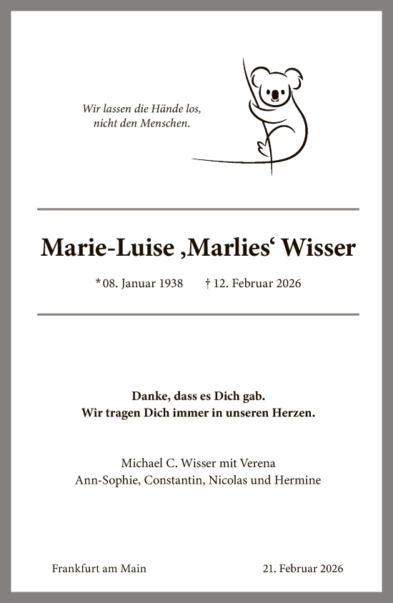 Traueranzeige von Marie-Luise Wisser von FNP