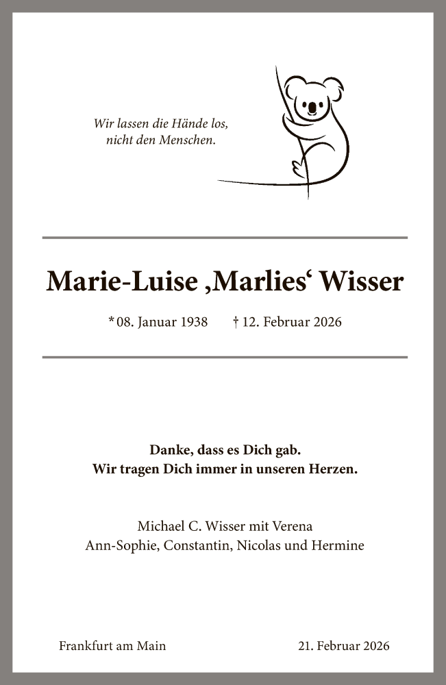  Traueranzeige für Marie-Luise Wisser vom 21.02.2026 aus FNP