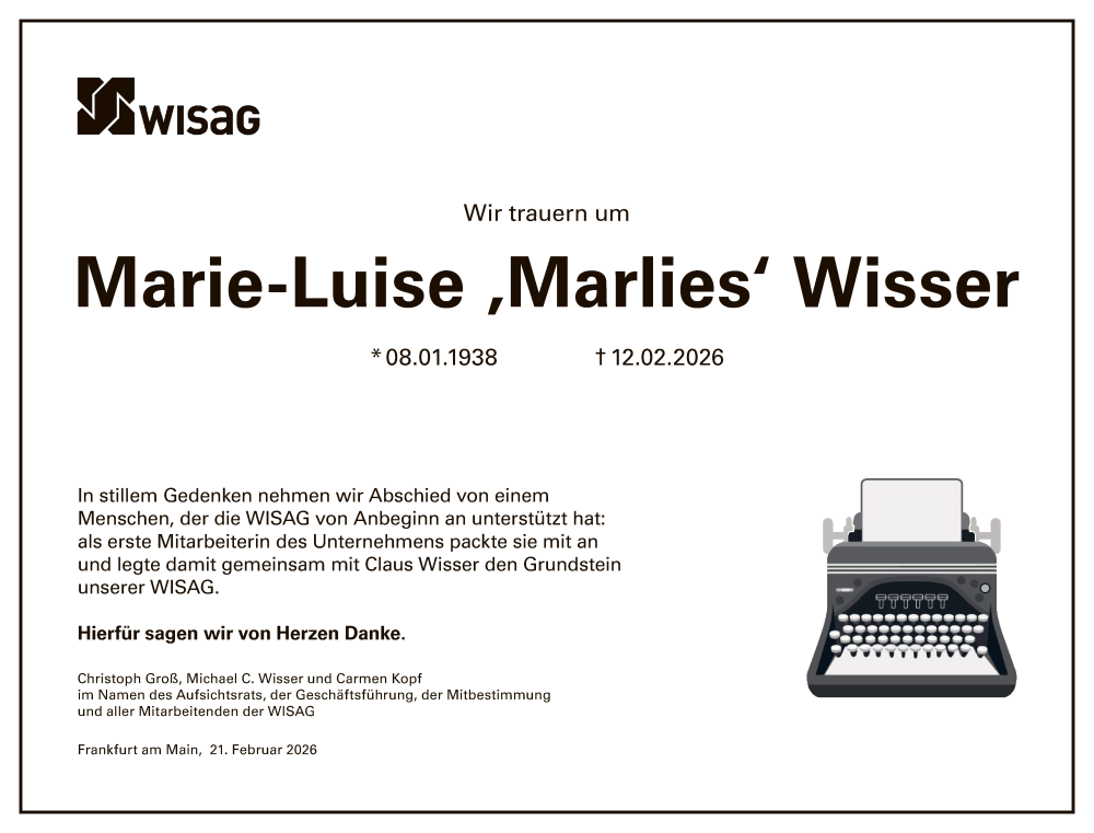  Traueranzeige für Marie-Luise Wisser vom 21.02.2026 aus FNP