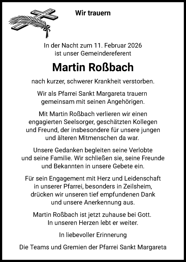  Traueranzeige für Martin Roßbach vom 14.02.2026 aus FNP
