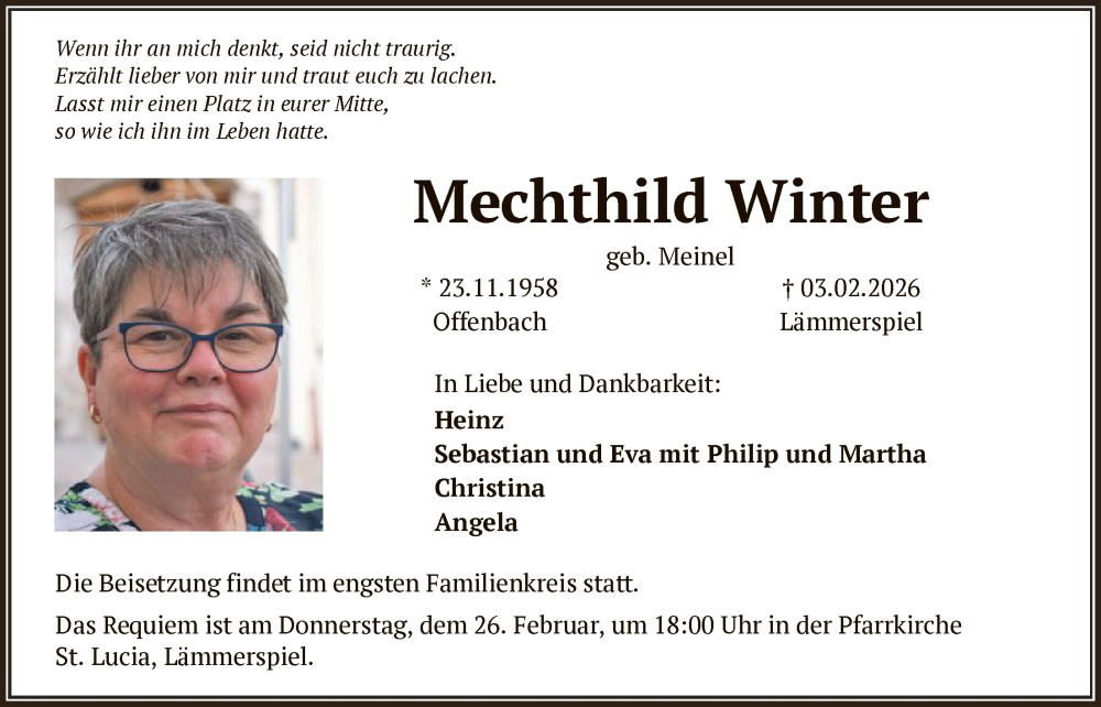  Traueranzeige für Mechthild Winter vom 14.02.2026 aus OFOP