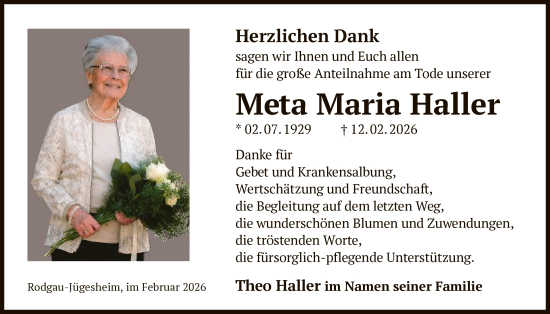 Traueranzeige von Meta Maria Haller von OFOP