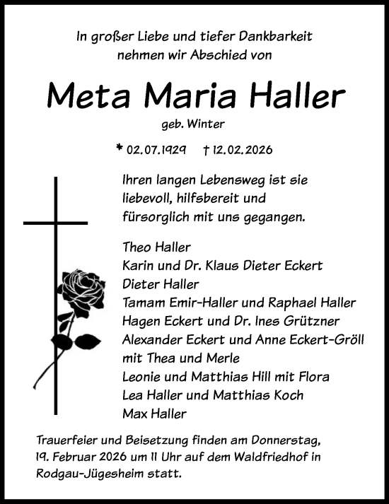 Traueranzeige von Meta Maria Haller von OFOP