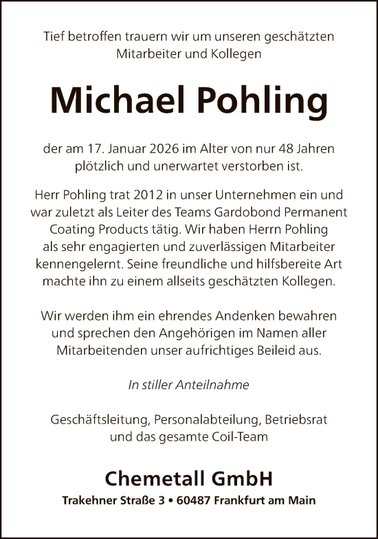 Traueranzeige von Michael Pohling von FNP